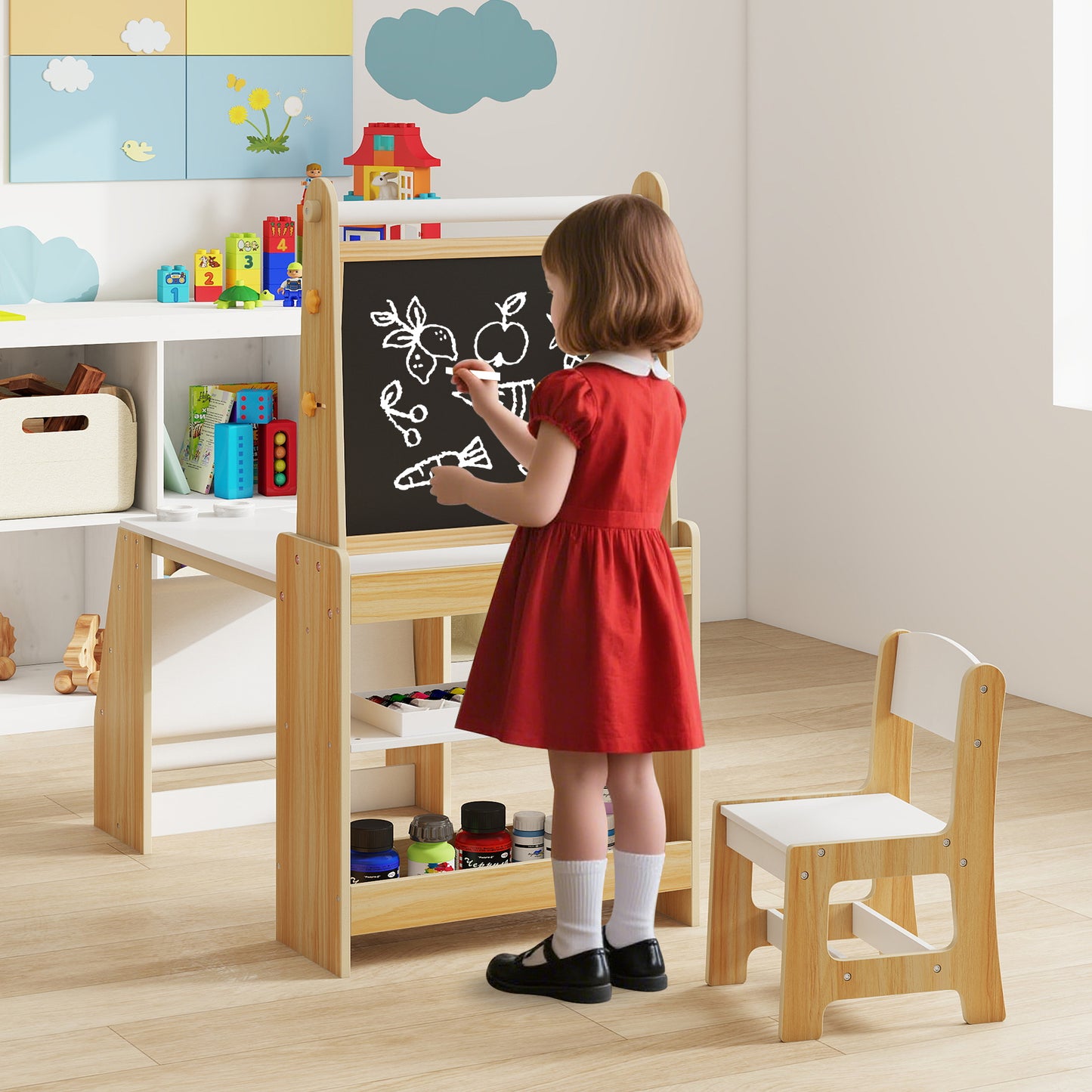 Kids Art Table and Chair Set with Easel and Chair for Drawing Reading-Natural