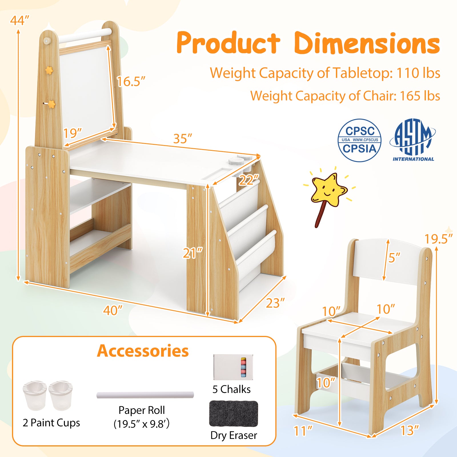 Kids Art Table and Chair Set with Easel and Chair for Drawing Reading-Natural