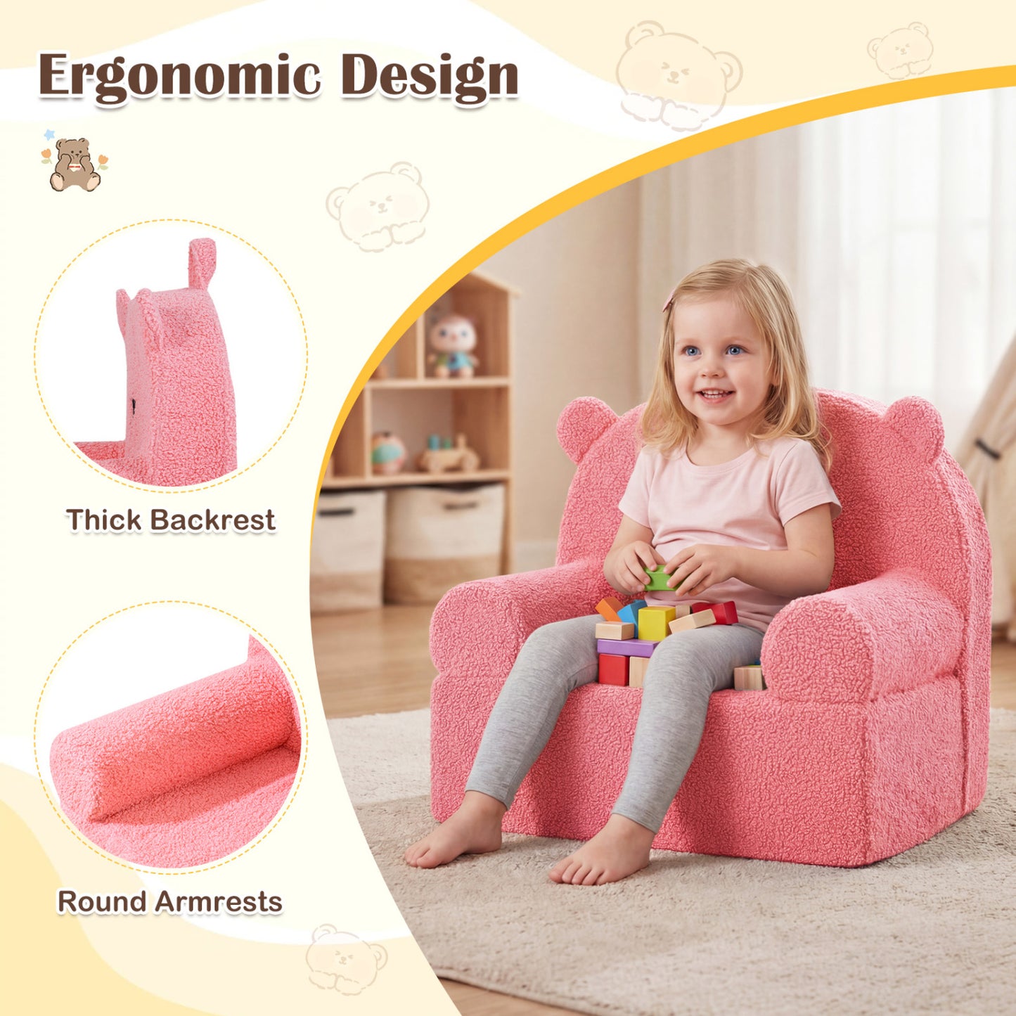 Kids Bear Sofa Toddler Foam Couch with Soft Fleece Fabric Cover-Pink