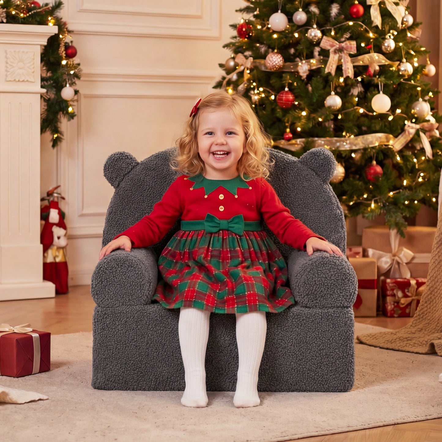 Kids Bear Sofa Toddler Foam Couch with Soft Fleece Fabric Cover-Gray