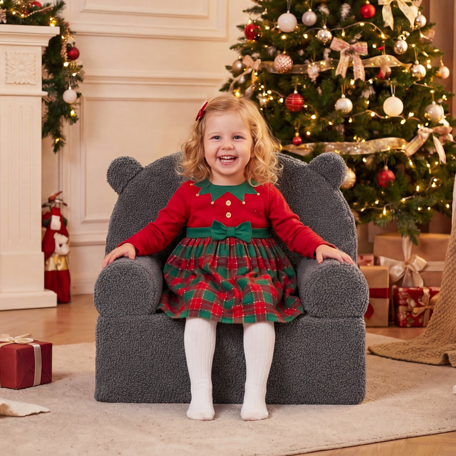 Kids Bear Sofa Toddler Foam Couch with Soft Fleece Fabric Cover-Gray