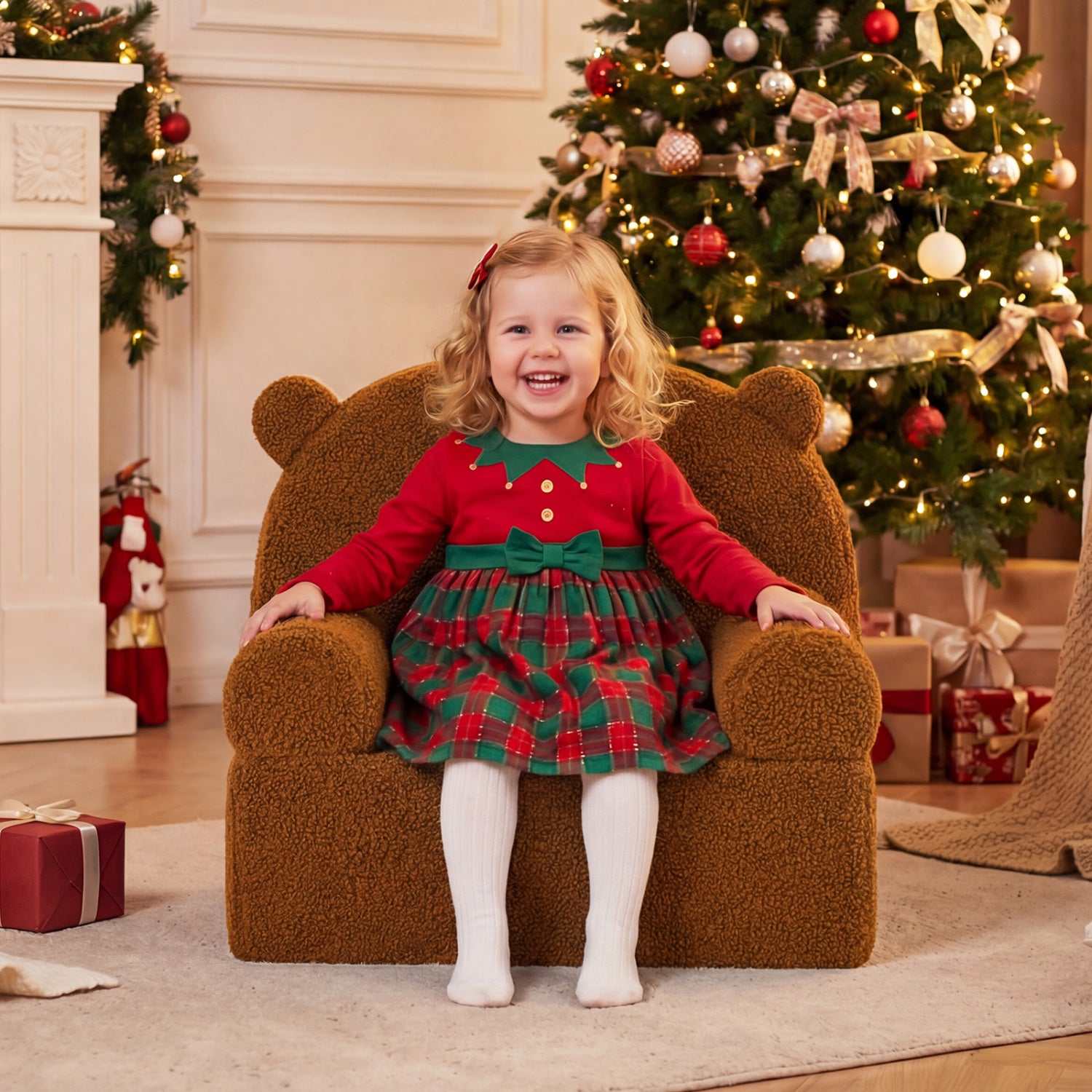 Kids Bear Sofa Toddler Foam Couch with Soft Fleece Fabric Cover-Brown