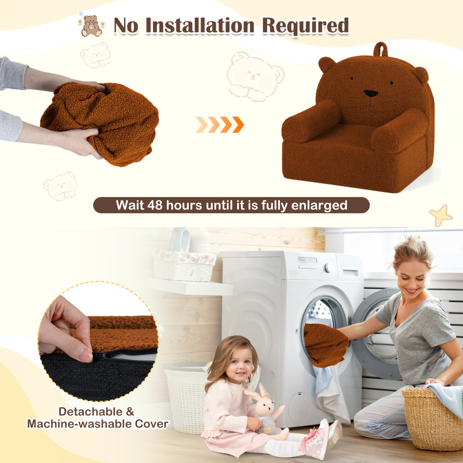 Kids Bear Sofa Toddler Foam Couch with Soft Fleece Fabric Cover-Brown