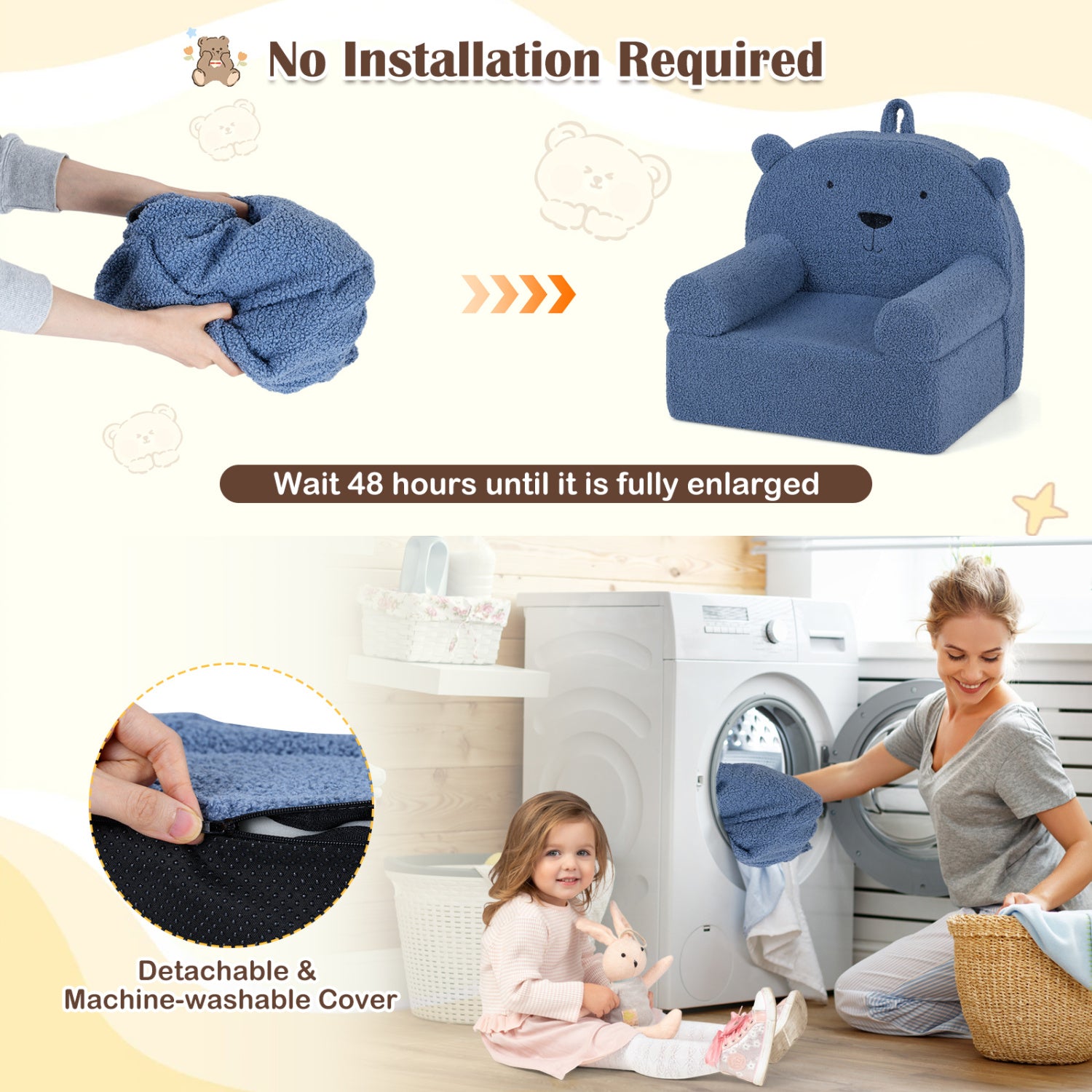 Kids Bear Sofa Toddler Foam Couch with Soft Fleece Fabric Cover-Navy