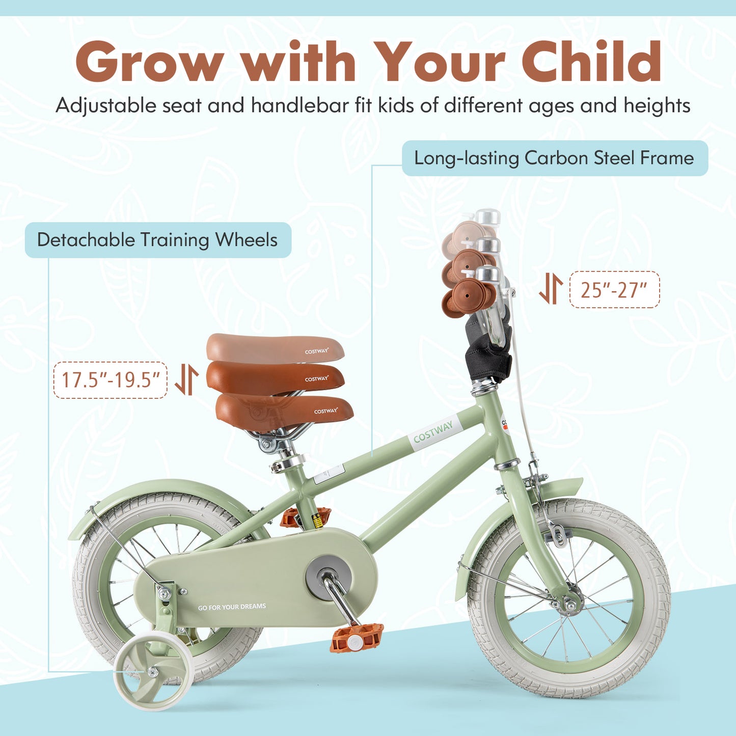 Kids Bike with Adjustable Handlebar and Saddle Green