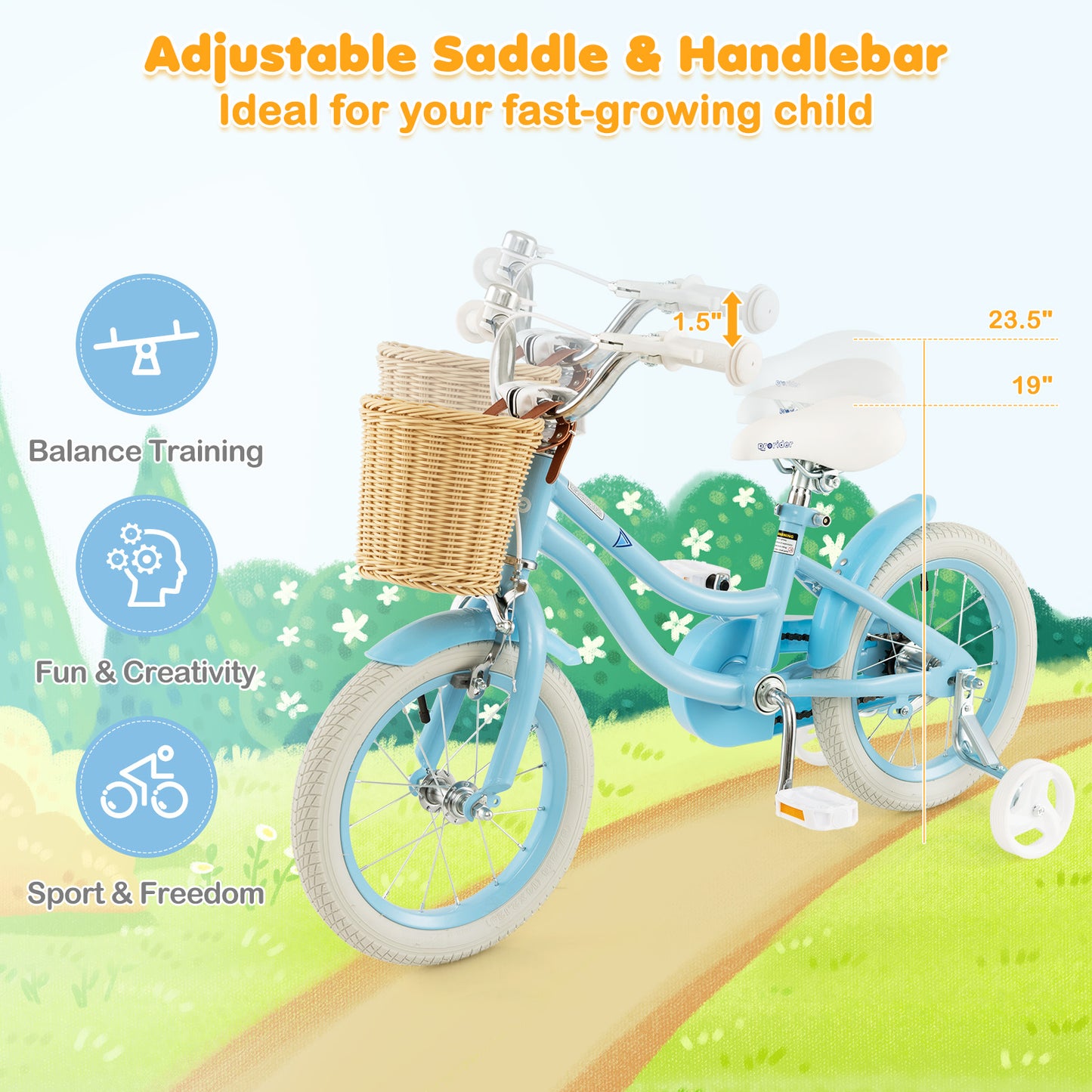 14-Inch Kids Bike with Training Wheels and Adjustable Handlebar Seat