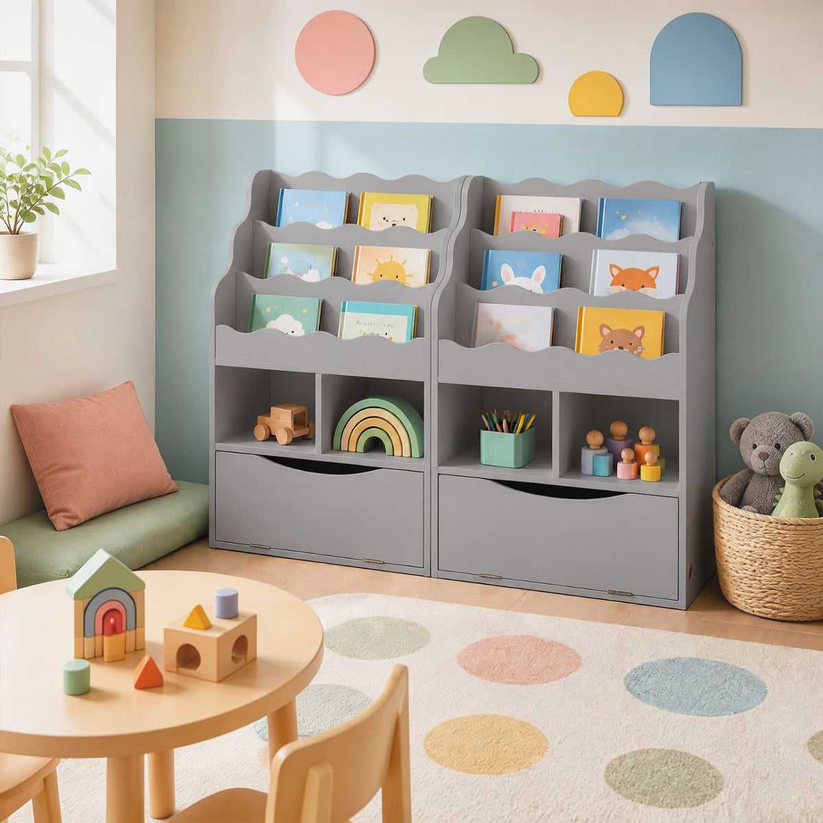 Kids 3-Tier Sling Bookcase with Storage Cabinet