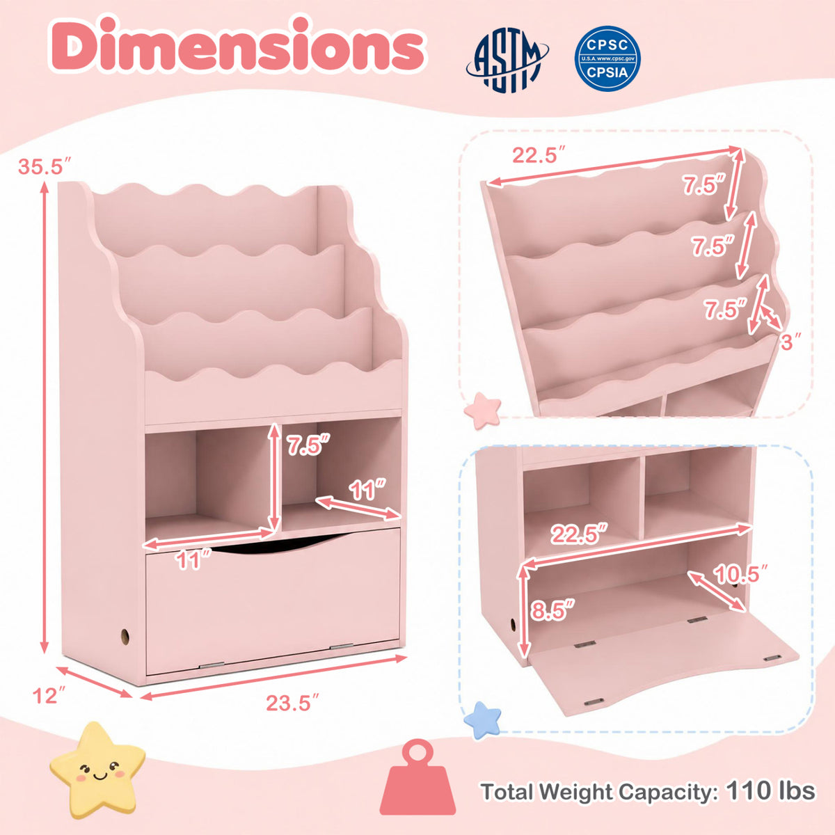Kids 3-Tier Sling Bookcase with Storage Cabinet