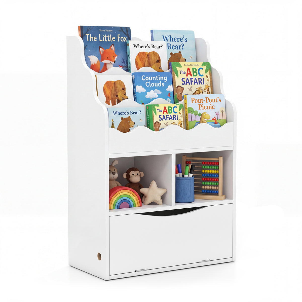 Kids 3-Tier Sling Bookcase with Storage Cabinet