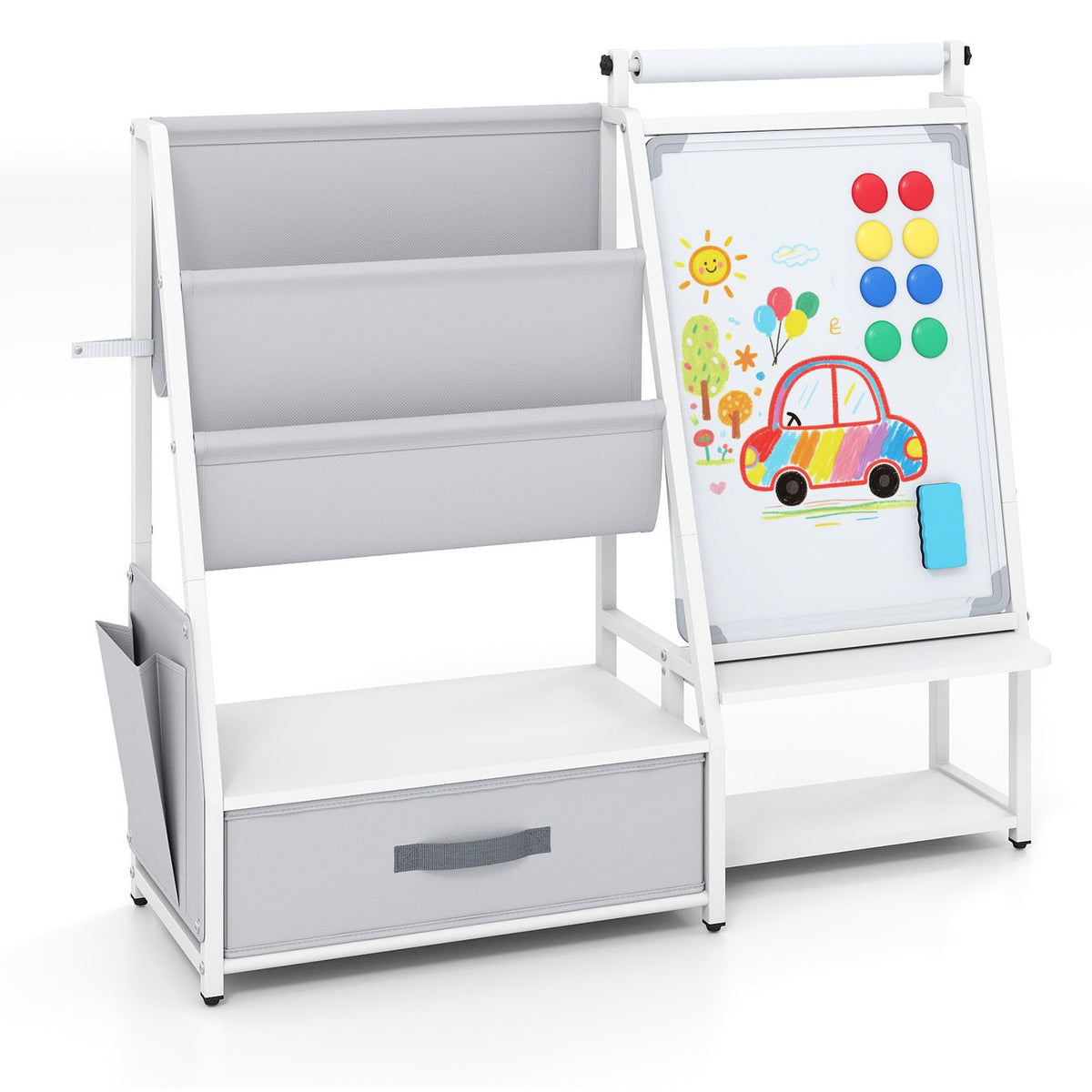 Kids Bookshelf Art Easel with Toy Organizer and Magnetic Whiteboard