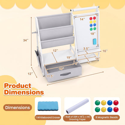 Kids Bookshelf Art Easel with Toy Organizer and Magnetic Whiteboard