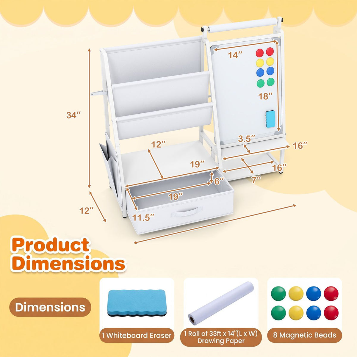 Kids Bookshelf Art Easel with Toy Organizer and Magnetic Whiteboard