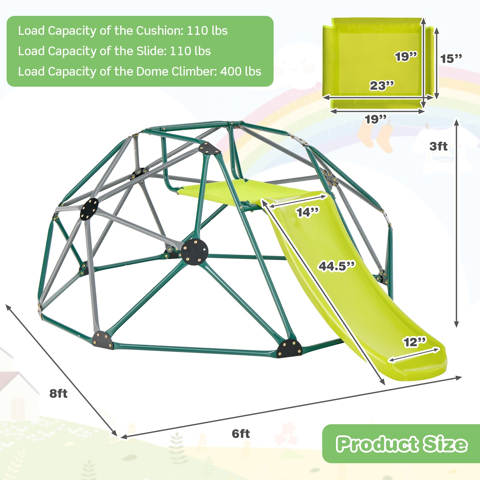 Kids Climbing Dome with Slide and Fabric Cushion for Garden Yard-Orange - Green
