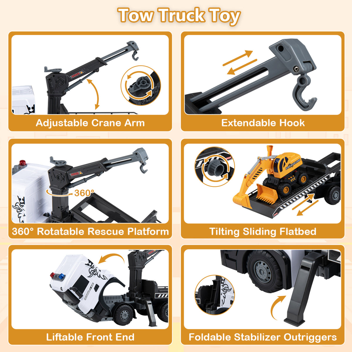 Construction Truck Set with Tow Truck & Excavator - Lights & Sounds