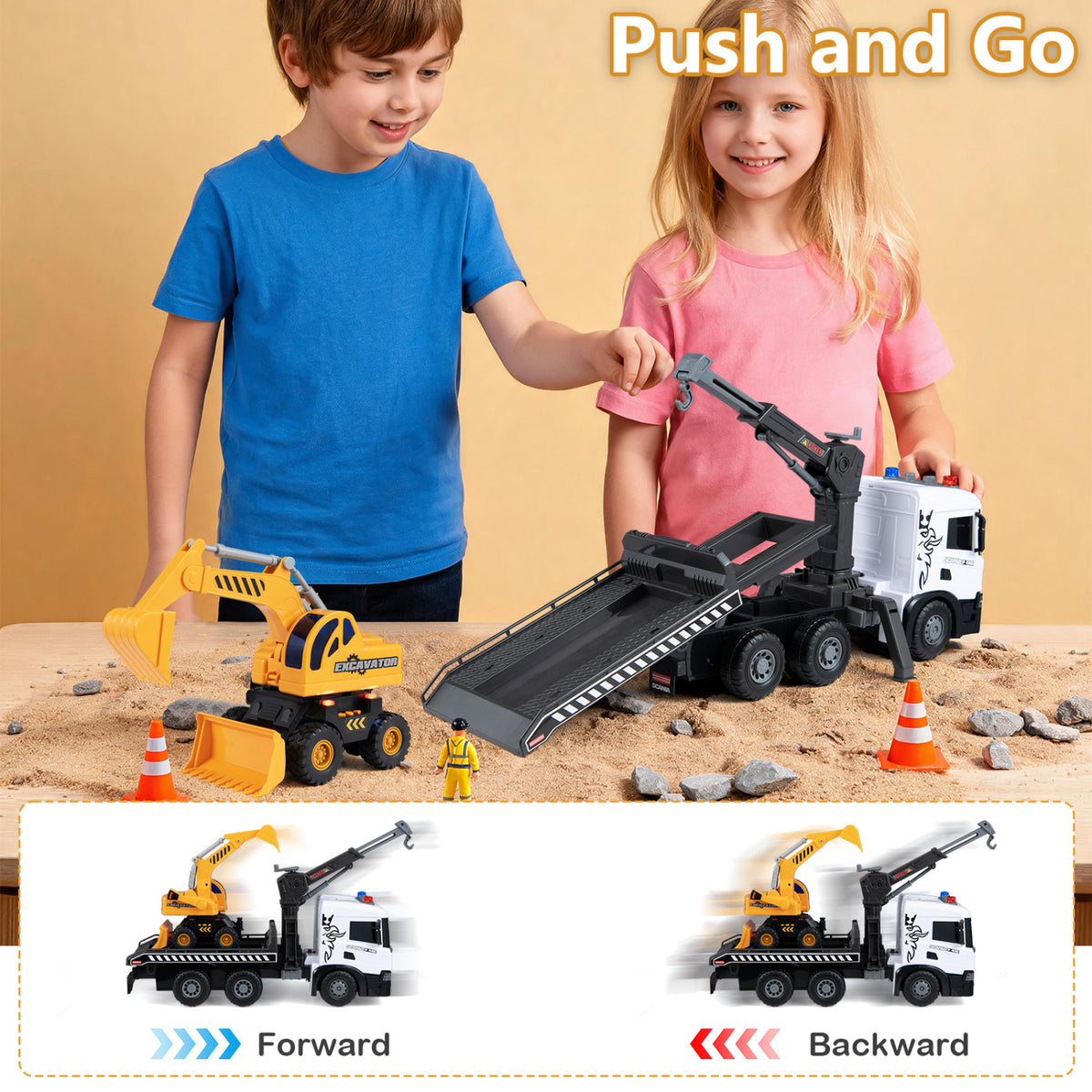 Construction Truck Set with Tow Truck & Excavator - Lights & Sounds