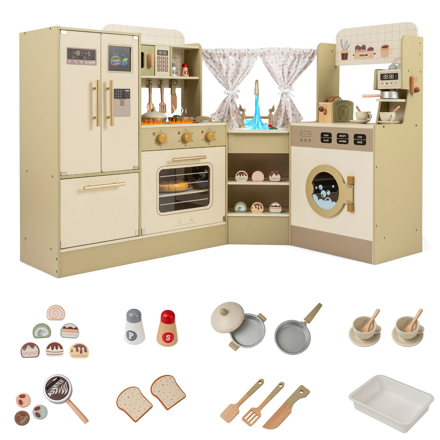 Kids Corner Play Kitchen with Faucet and Dishwasher and Stoves-Green