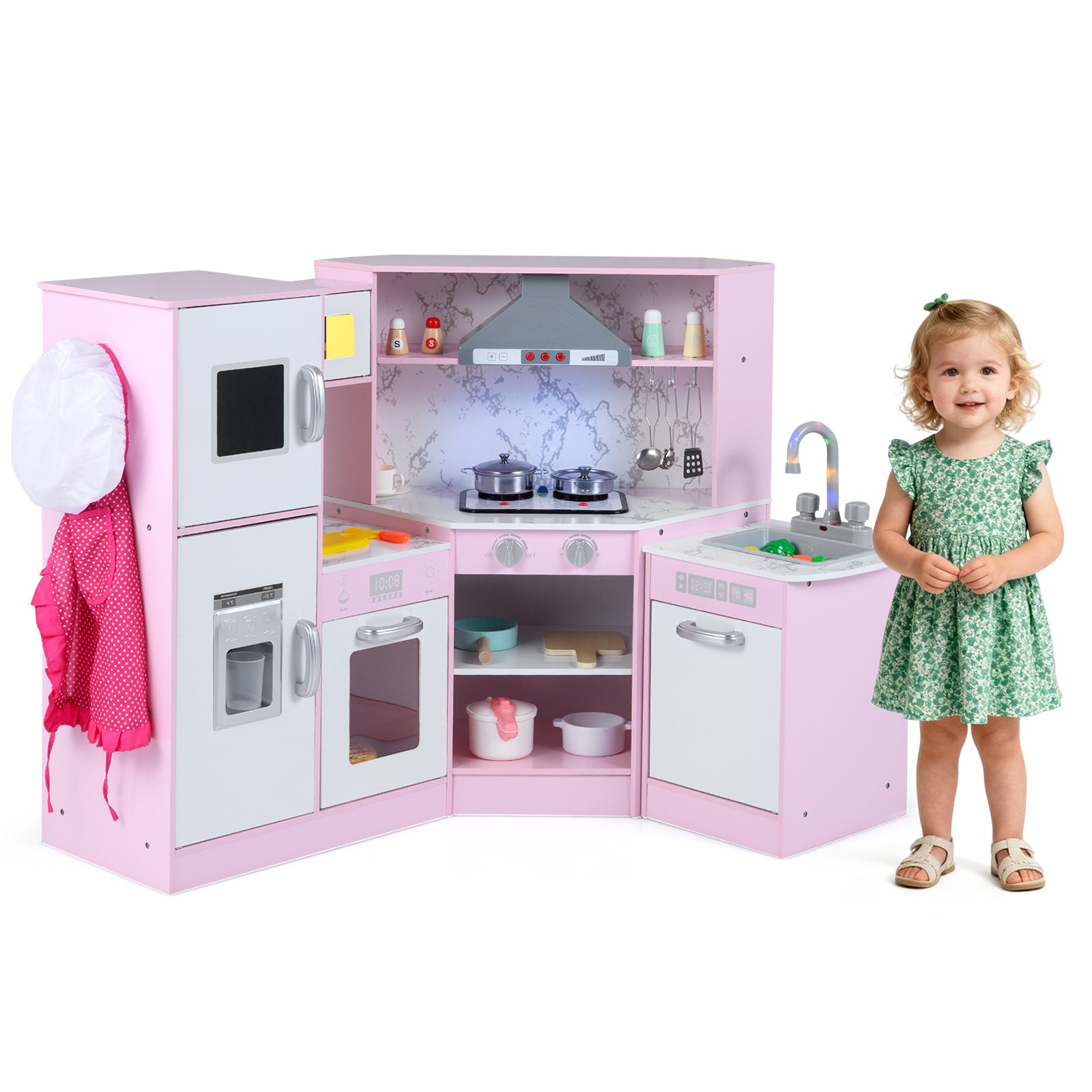 Kids Corner Pretend Kitchen Playset with Separated Washing Basin-Pink - Pink