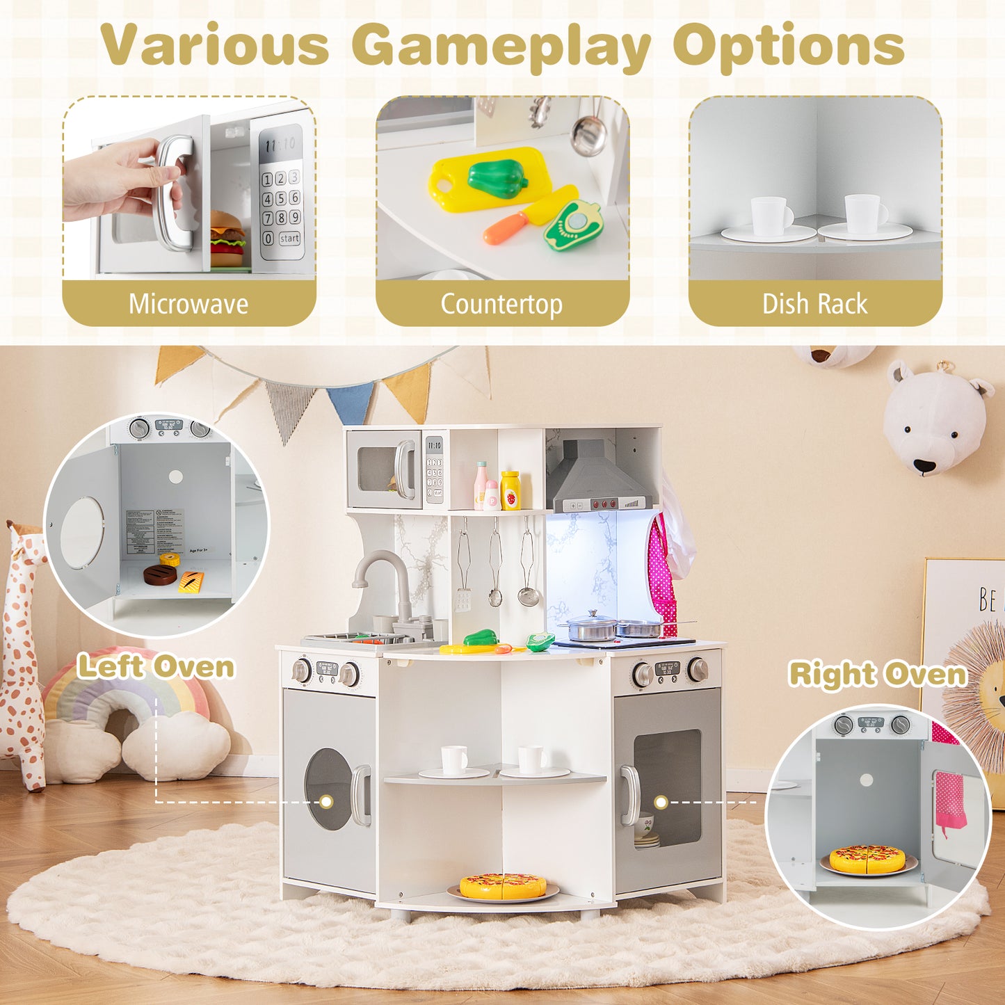 Kids Corner Wooden Play Kitchen with Range Hood and Stoves-Gray