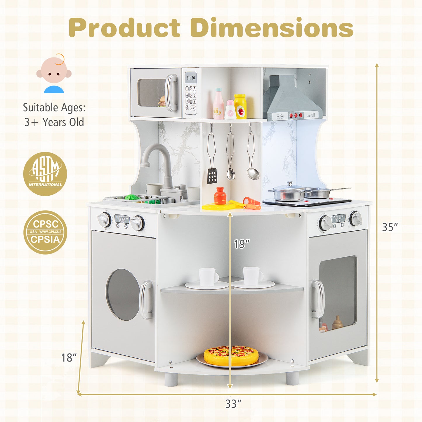 Kids Corner Wooden Play Kitchen with Range Hood and Stoves-Gray