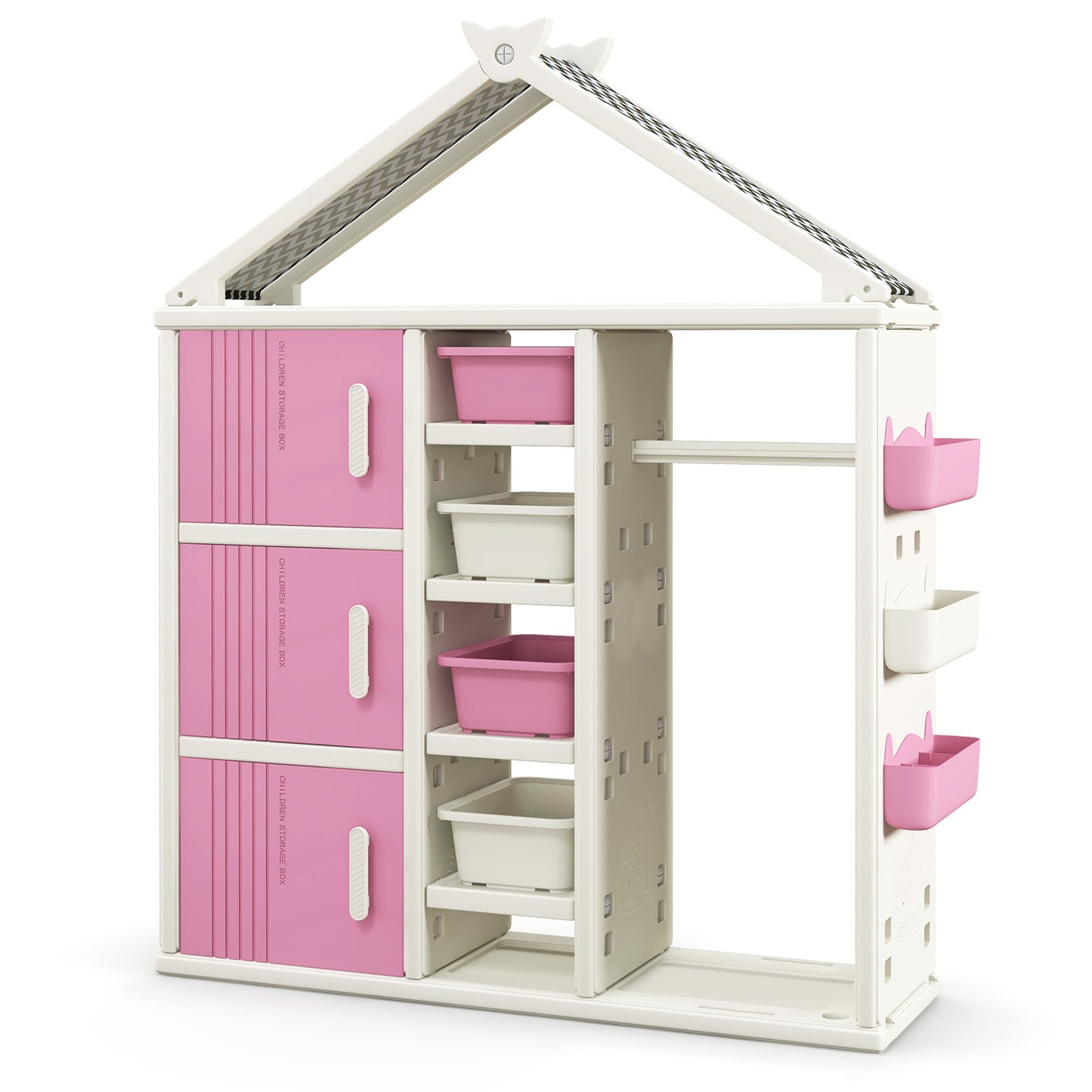 Kids Costume Storage Closet with Storage Bins and Shelves and Side Baskets for Kids Room-Gray - Pink