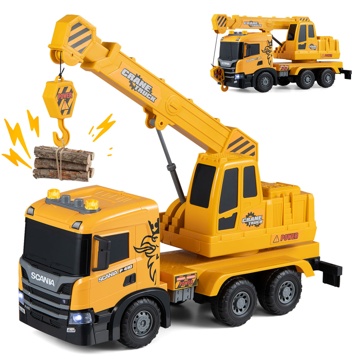 Crane Truck Toy with Telescopic Arm and Sounds - Yellow