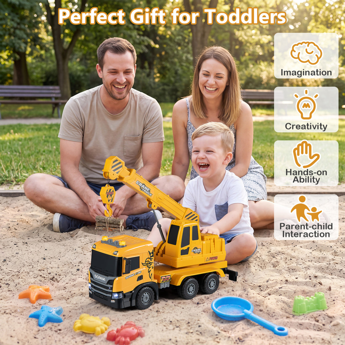 Crane Truck Toy with Telescopic Arm and Sounds - Yellow