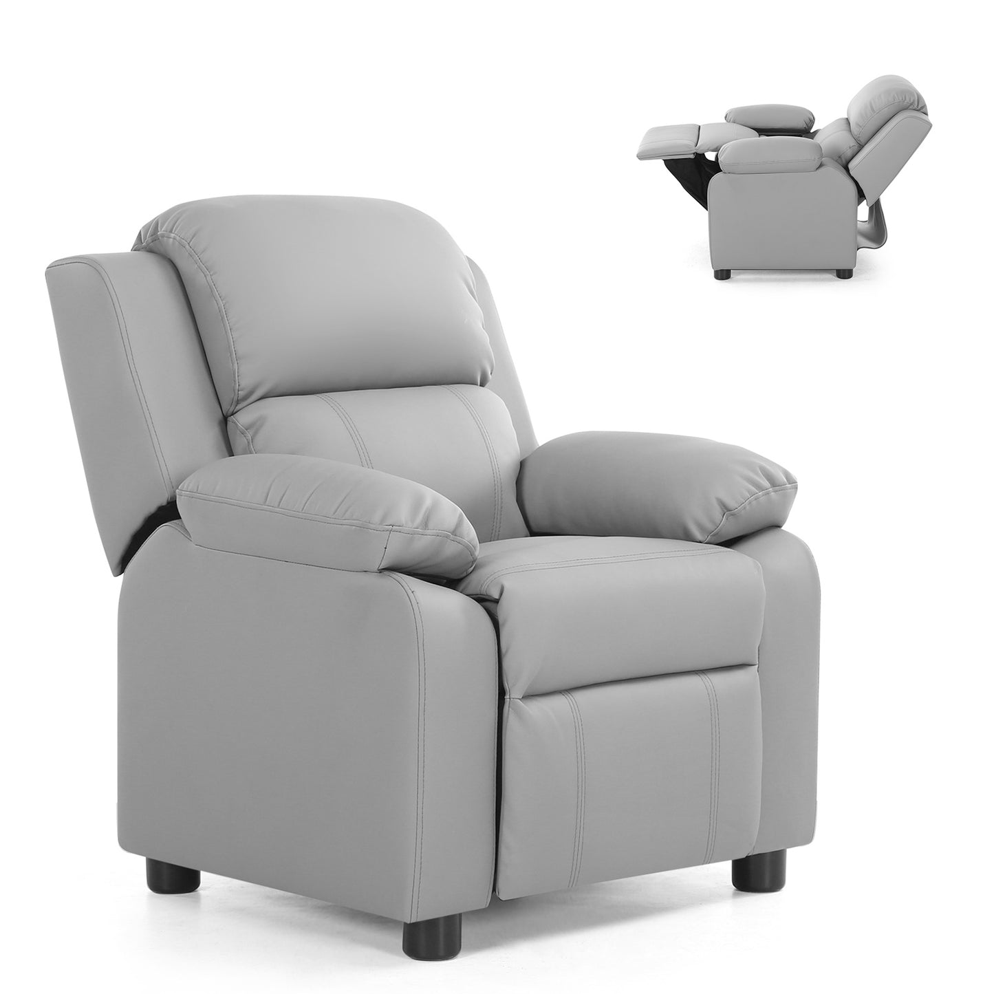 Kids Deluxe Headrest Recliner Sofa Chair with Storage Arms-Black - Gray