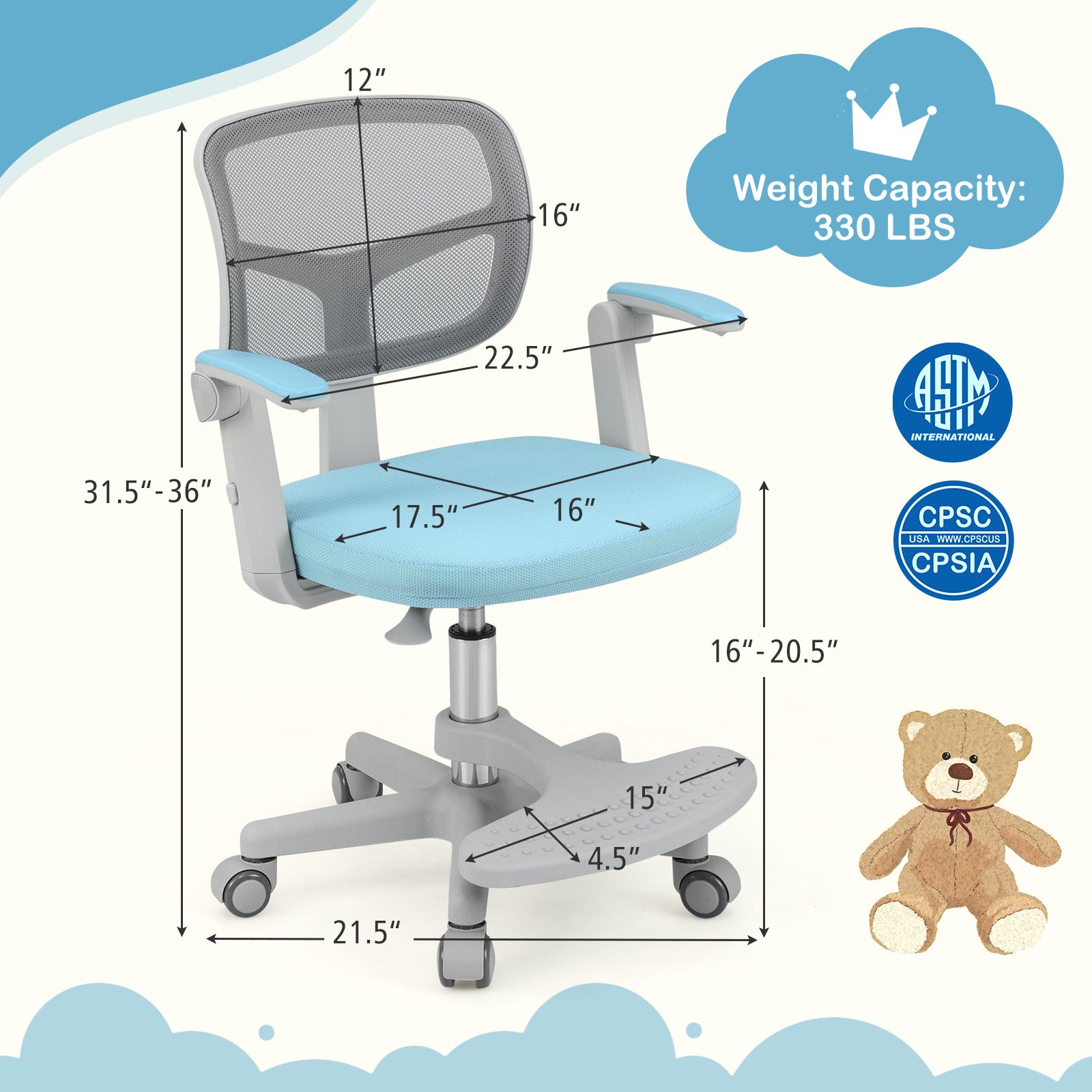 Kids Desk Chair Children Study Chair with Adjustable Height Armrest and Footrest-Blue