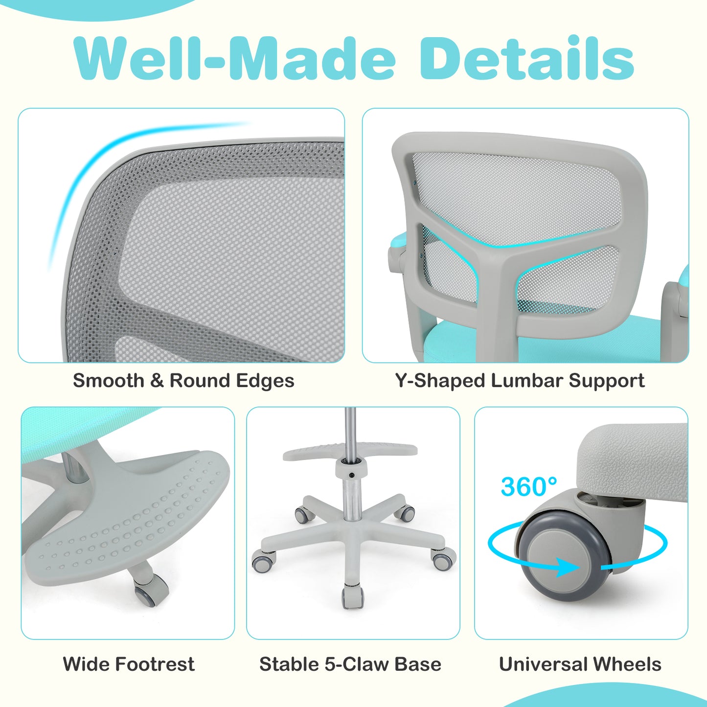 Kids Desk Chair Children Study Chair with Adjustable Height Armrest and Footrest-Green