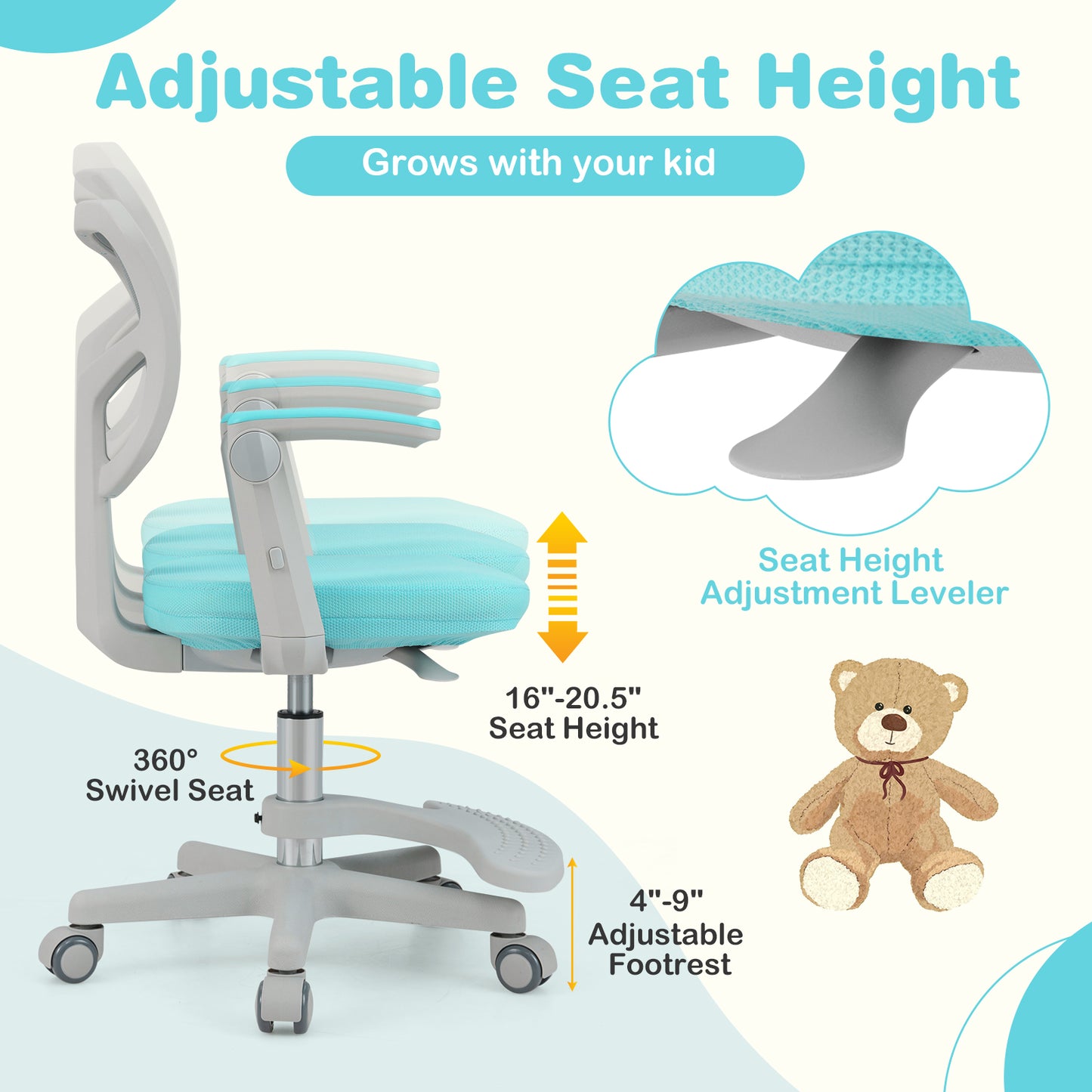Kids Desk Chair Children Study Chair with Adjustable Height Armrest and Footrest-Green