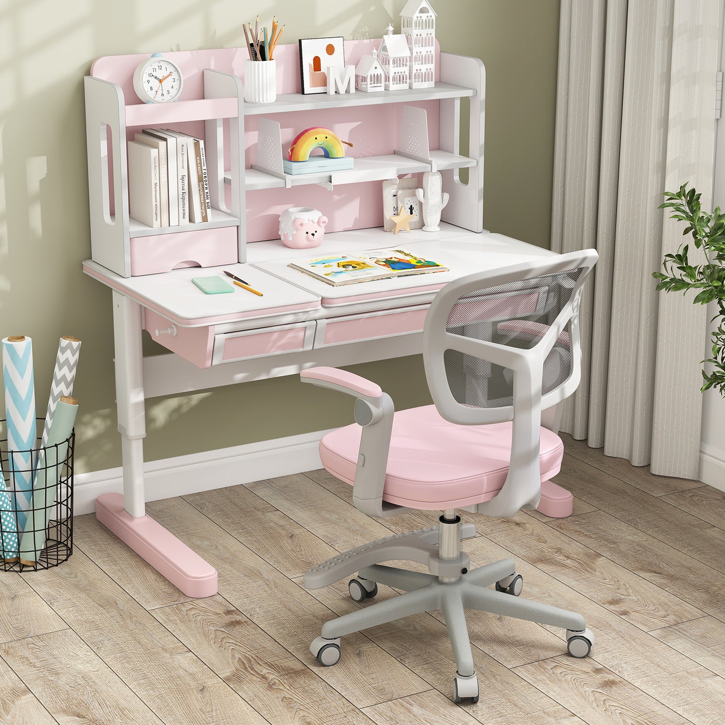Kids Desk Chair Children Study Chair with Adjustable Height Armrest and Footrest-Pink