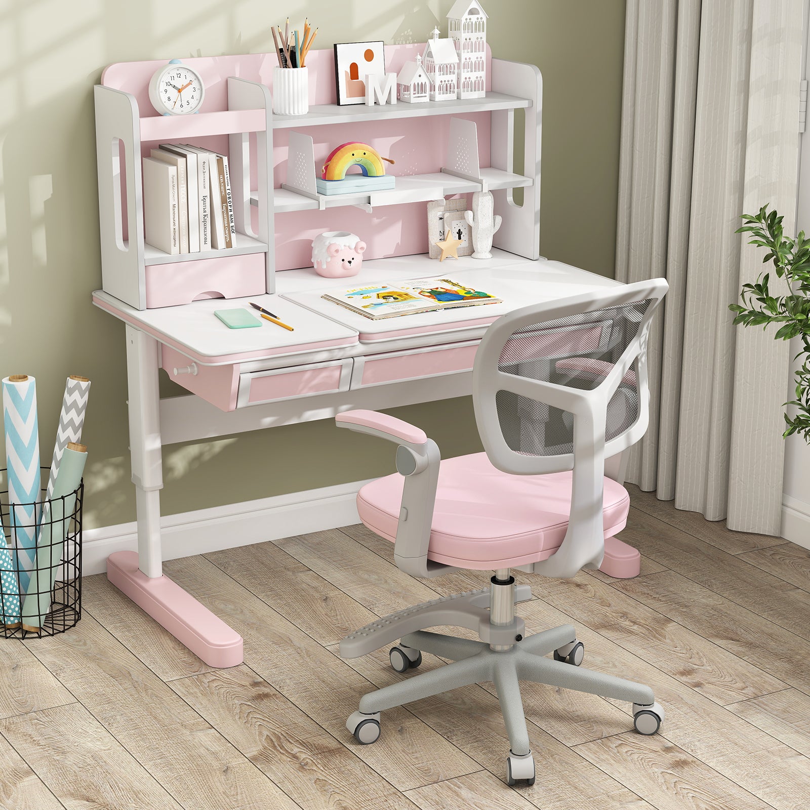 Kids Desk Chair Children Study Chair with Adjustable Height Armrest and Footrest-Pink