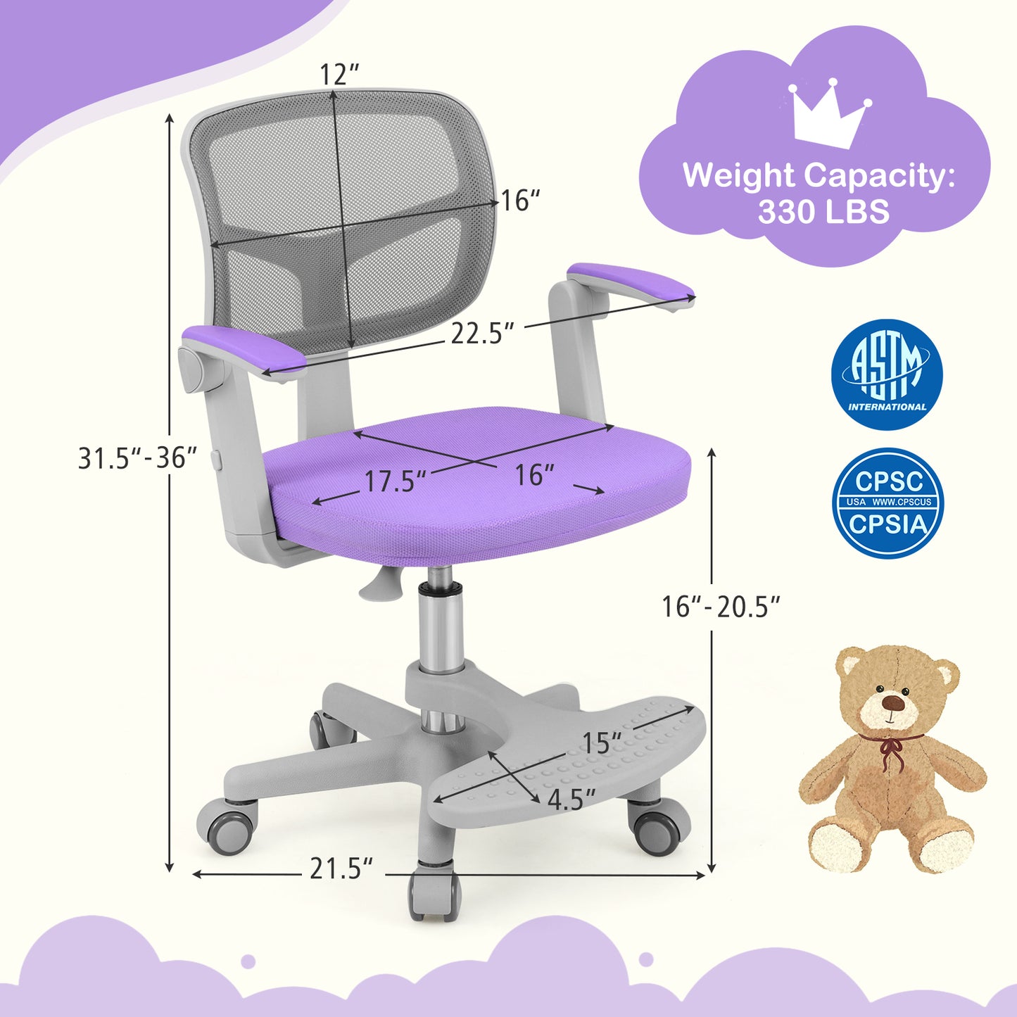 Kids Desk Chair Children Study Chair with Adjustable Height Armrest and Footrest-Purple