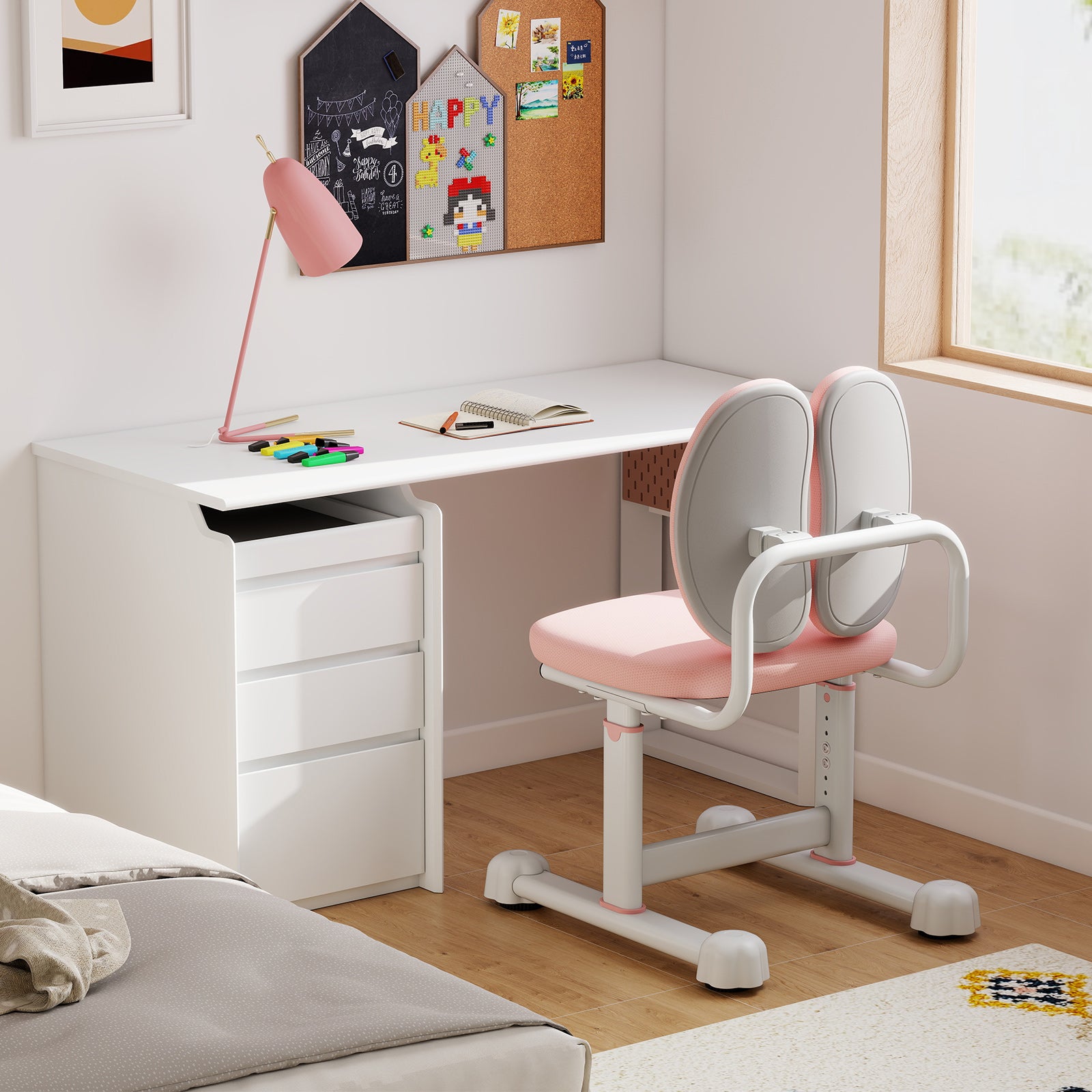 Kids Desk Chair Children Study Chair with Double Back Support and Adjustable Height-Pink