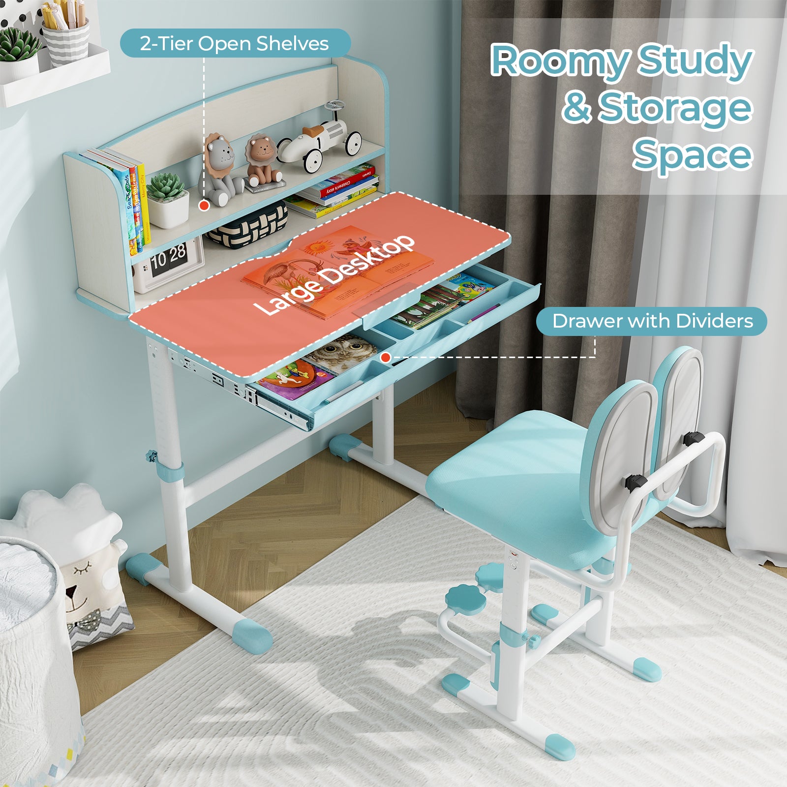 Kids Desk and Chair Set with Adjustable Height and Tilted Desktop-Blue - Blue