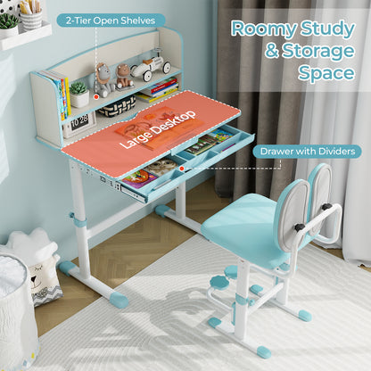 Kids Desk and Chair Set with Adjustable Height and Tilted Desktop-Blue - Blue