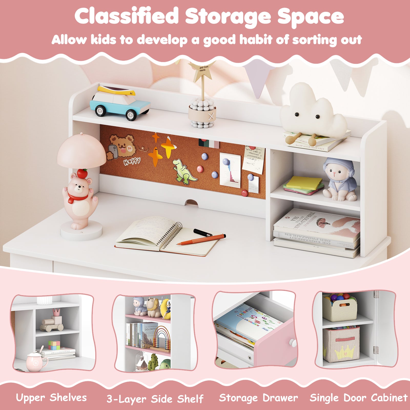 Kids Desk and Chair Set with Hutch and 3-Layer Side Shelf-Pink