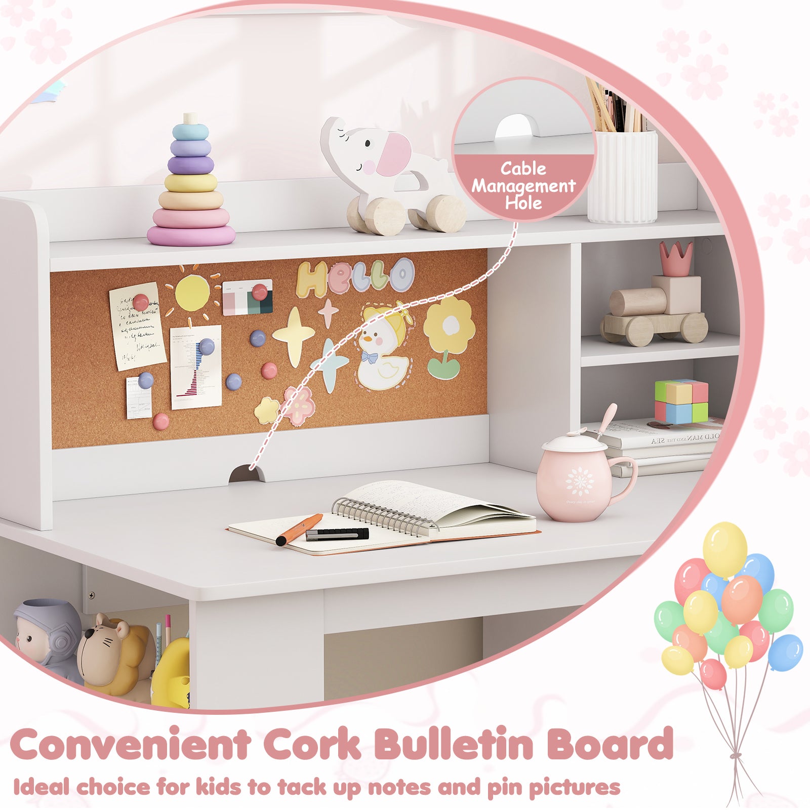 Kids Desk and Chair Set with Hutch and 3-Layer Side Shelf-White
