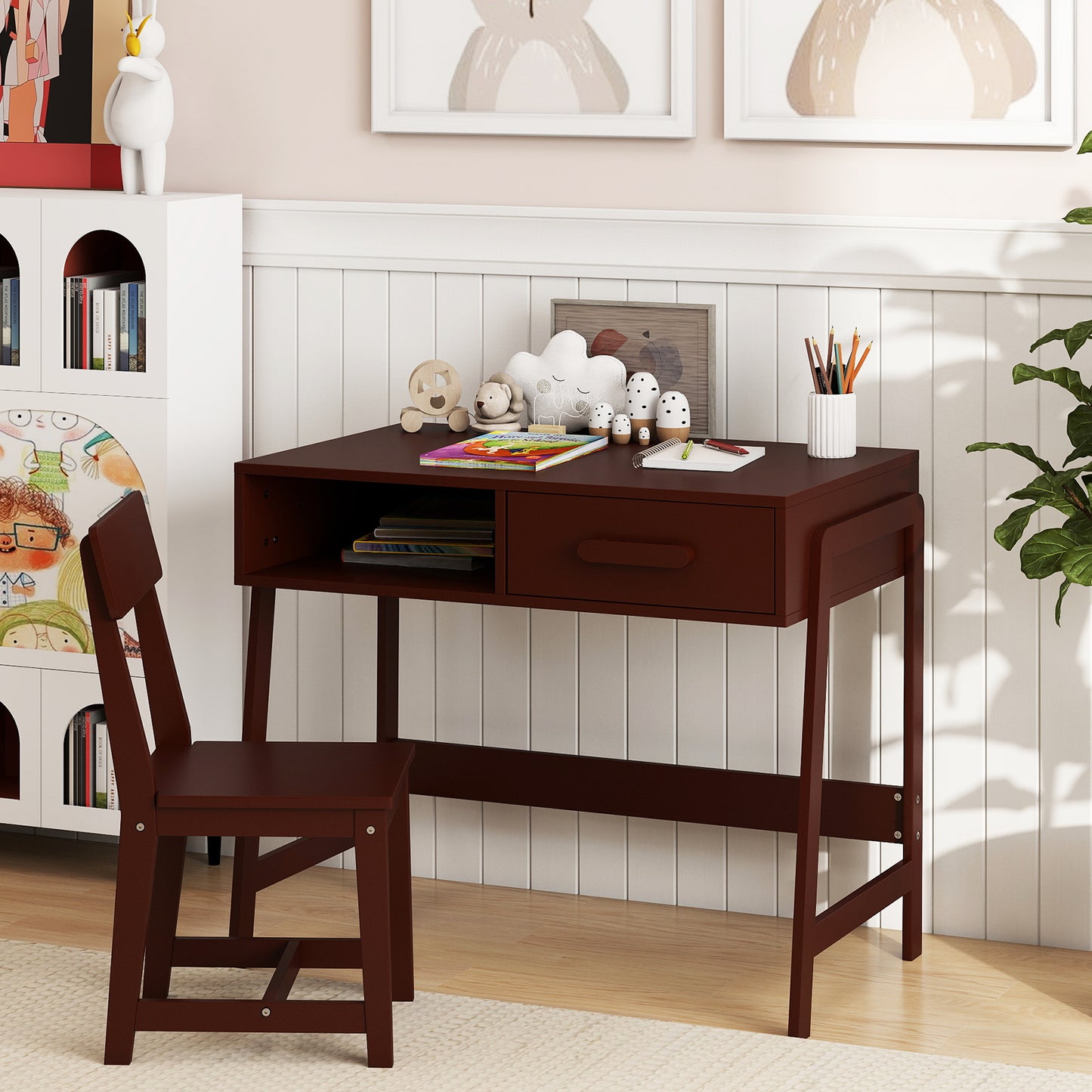 Kids Desk and Chair Set with Storage Drawer and Hutch
