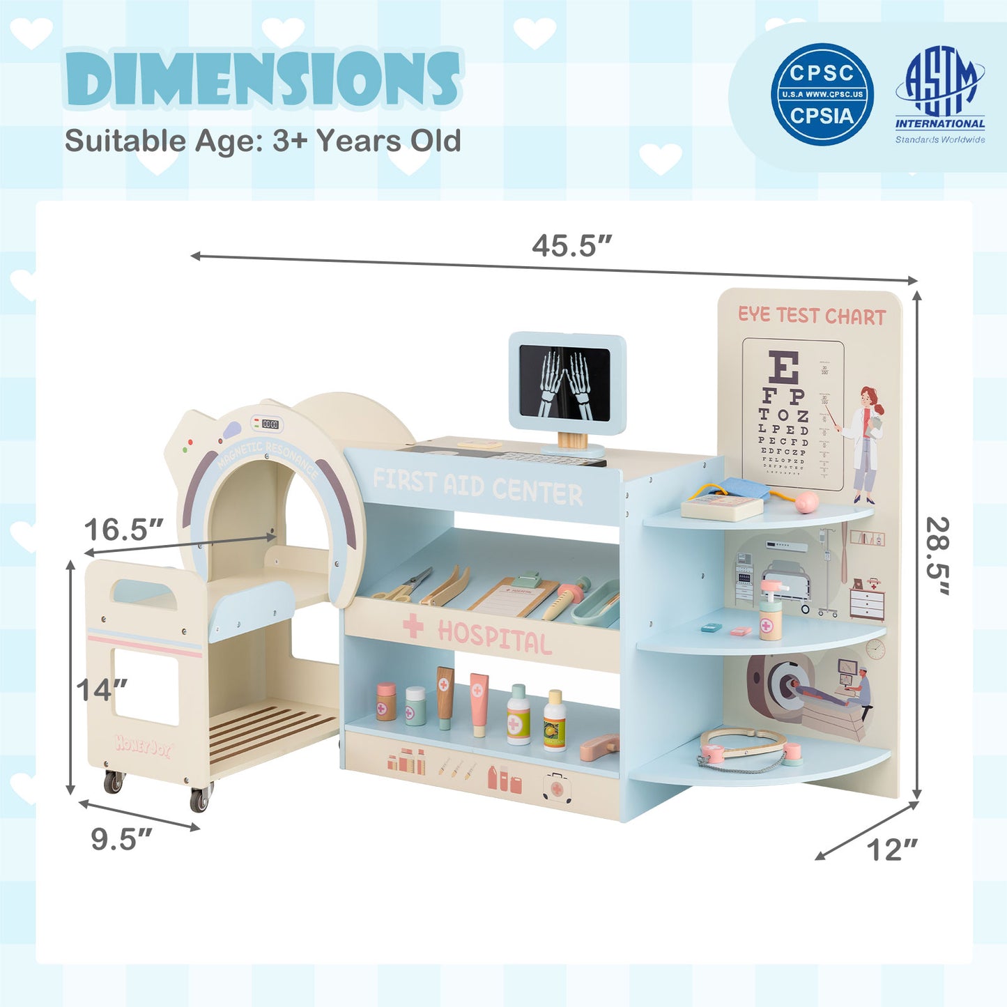 Kids Doctor Play Set Wooden Pretend Hospital Office Kit with Eye Chart Toy CT Machine-Blue