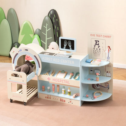 Kids Doctor Play Set Wooden Pretend Hospital Office Kit with Eye Chart Toy CT Machine-Blue