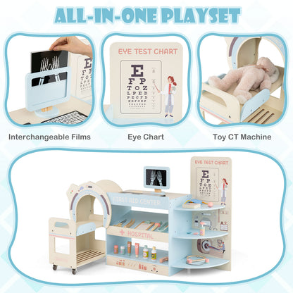 Kids Doctor Play Set Wooden Pretend Hospital Office Kit with Eye Chart Toy CT Machine-Blue