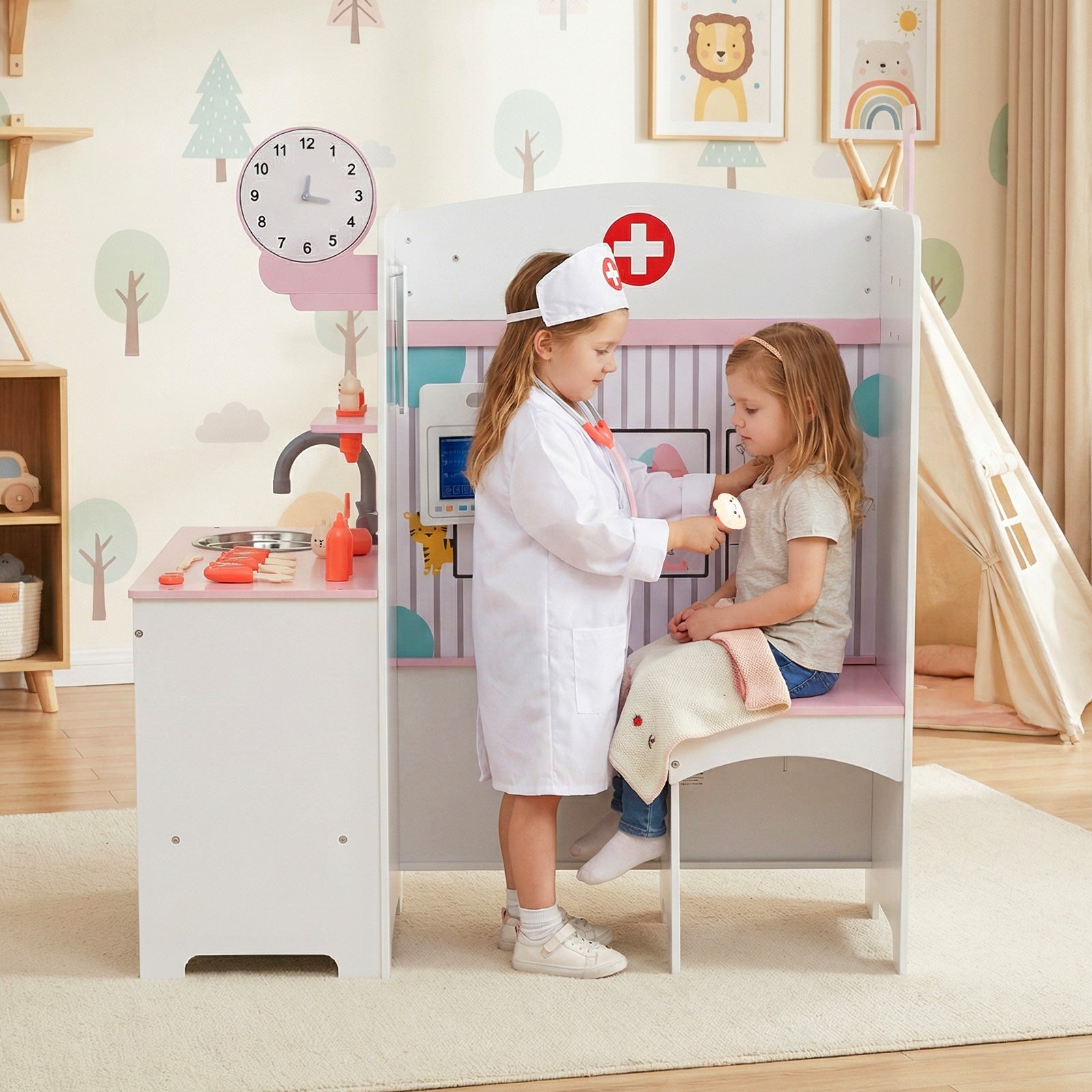 Kids Doctor Play Set with Adjustable Height Bar-Pink