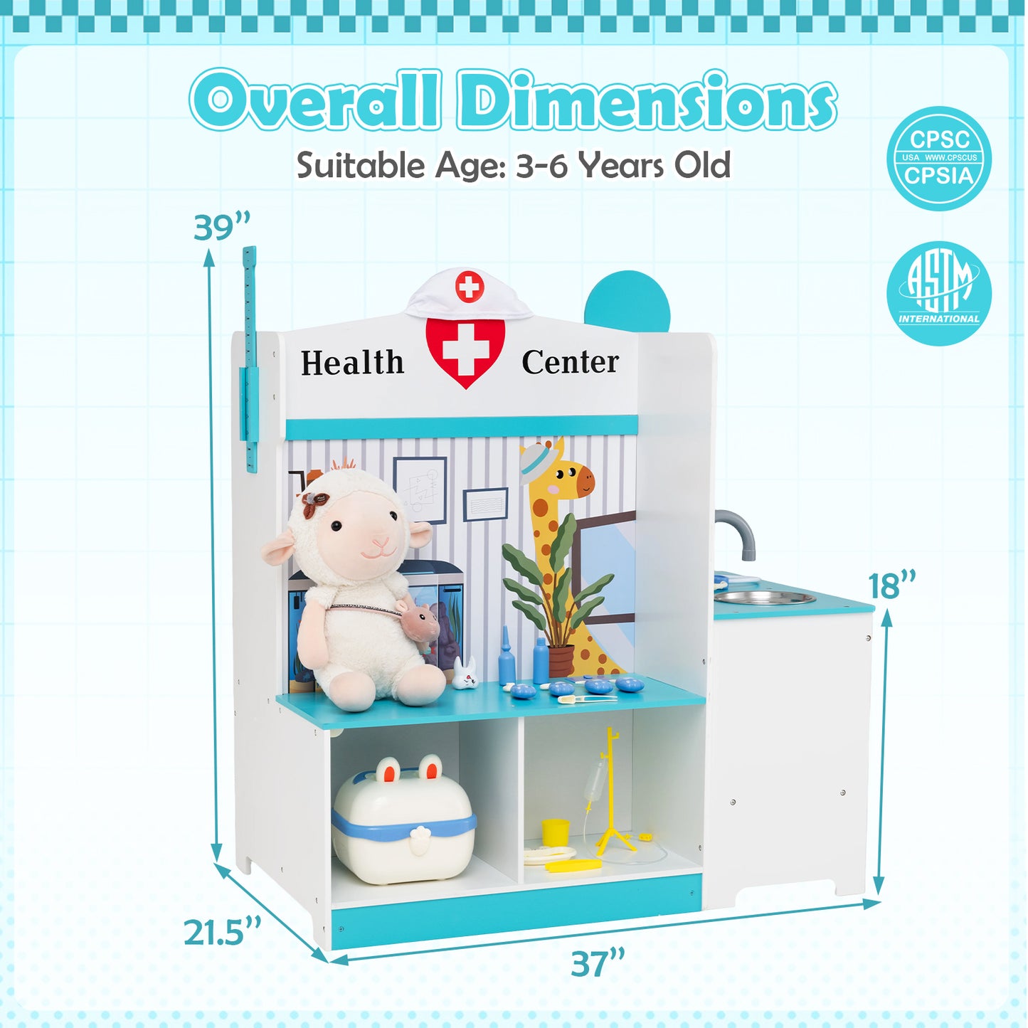Kids Doctor Play Set with Adjustable Height Bar-Blue