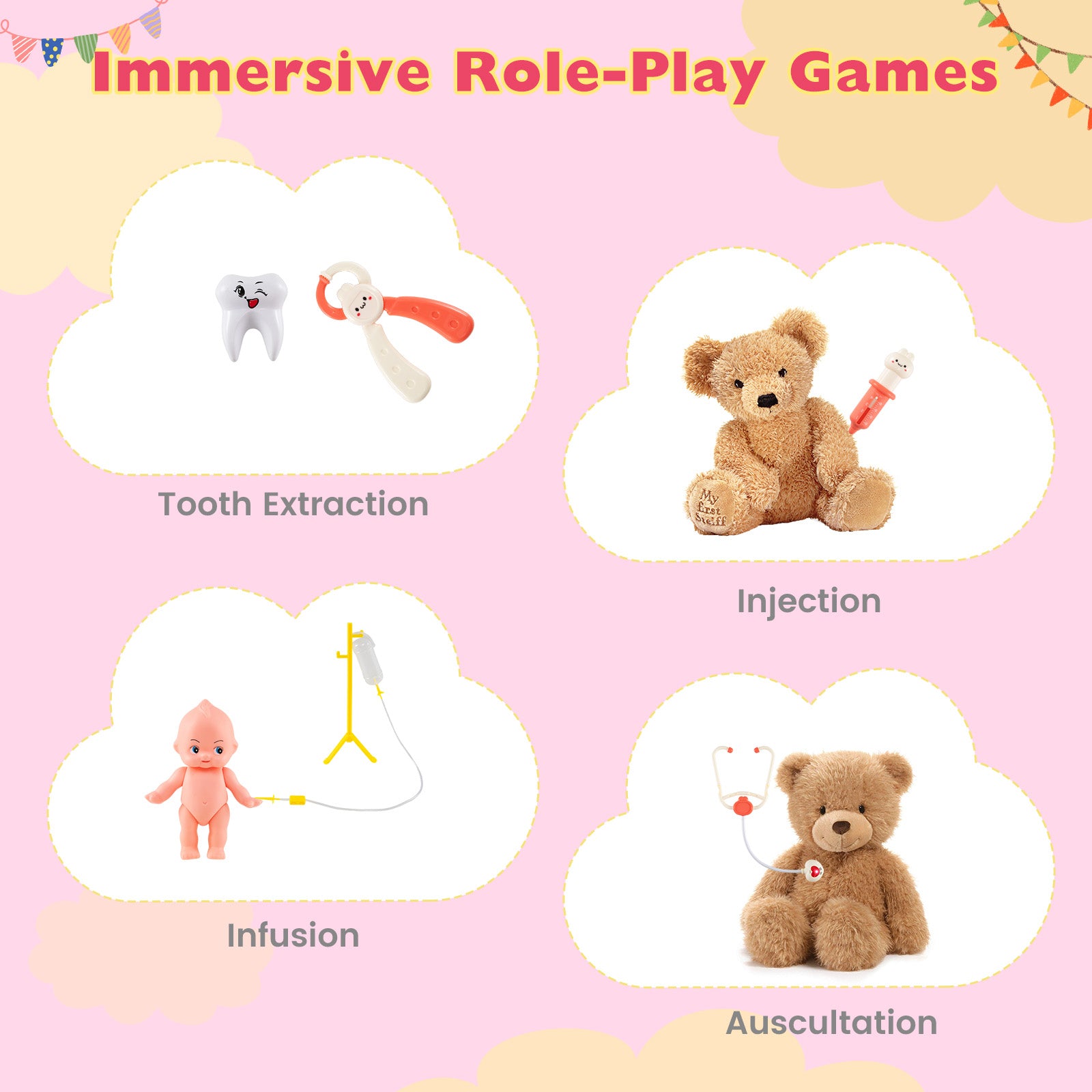 Kids Doctor Play Set with Adjustable Height Bar-Pink