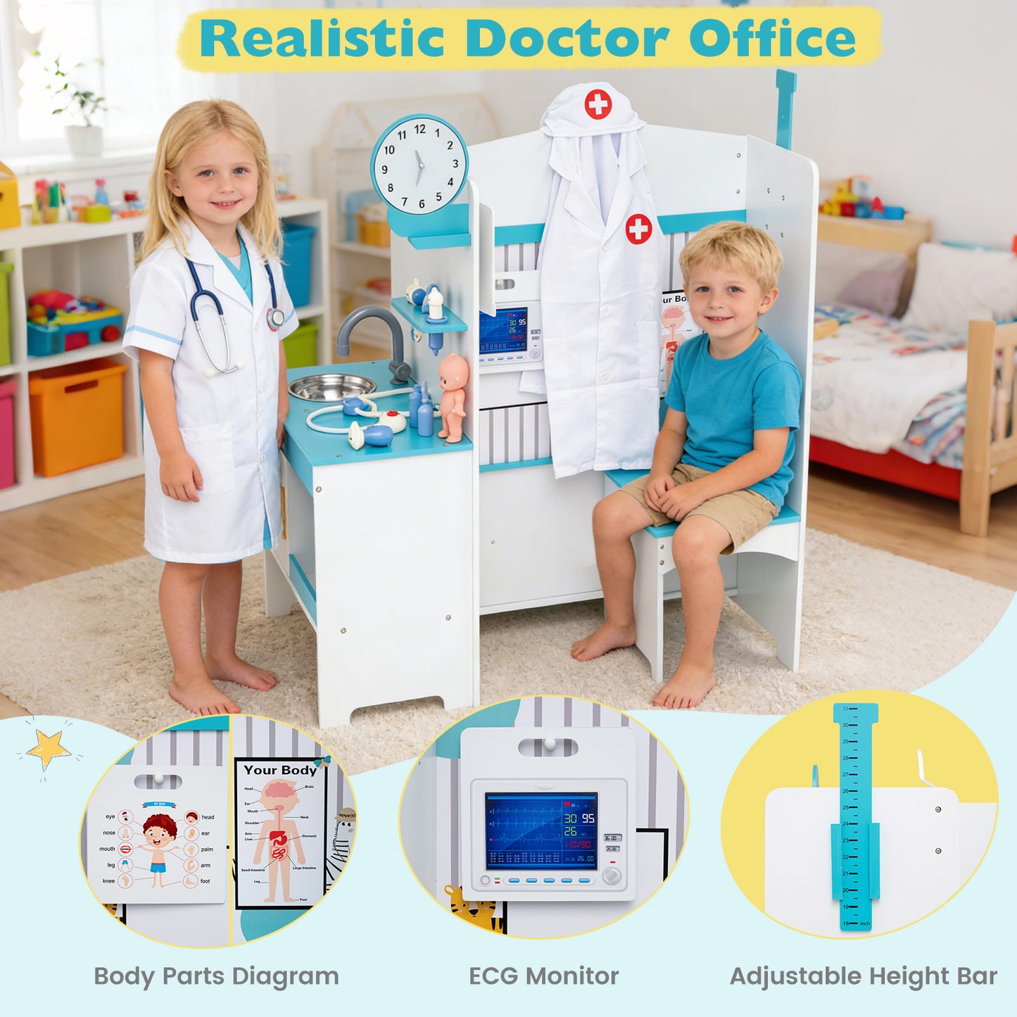 Kids Doctor Play Set with Adjustable Height Bar-Blue