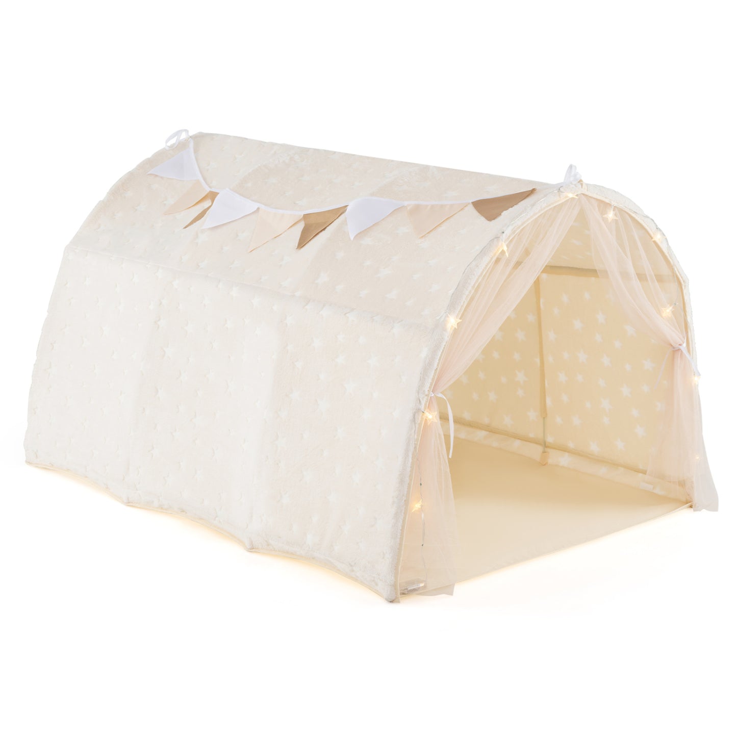 Kids Dream Bed Tent Twin Bunk Bed with Glow in the Dark Stars and Lights-Pink - Beige