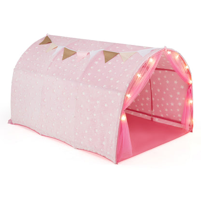 Kids Dream Bed Tent Twin Bunk Bed with Glow in the Dark Stars and Lights-Pink - Pink