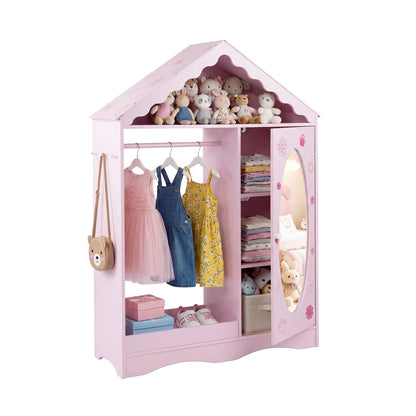 Kids Dress Up Storage with Mirror Roofed Wardrobe Closet with Open Hanging Rack-Pink