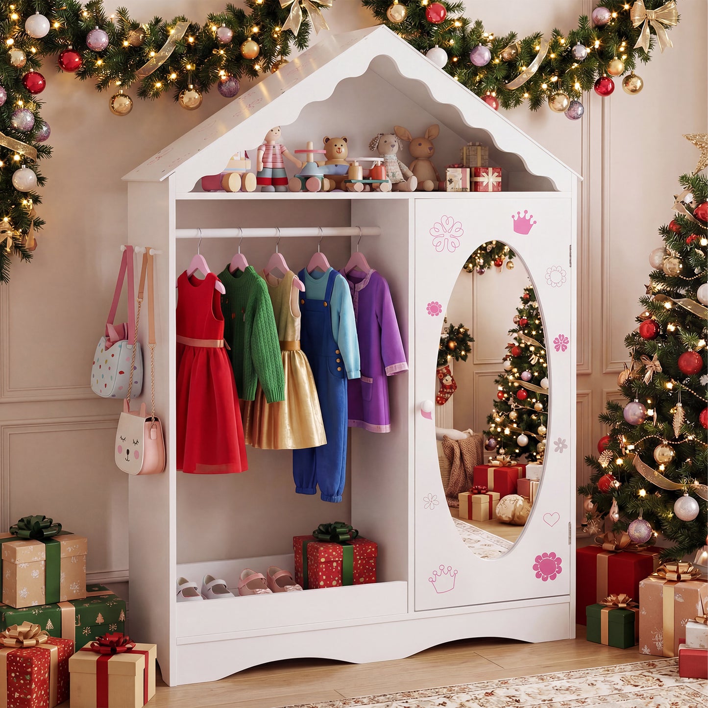 Kids Dress Up Storage with Mirror Roofed Wardrobe Closet with Open Hanging Rack-White